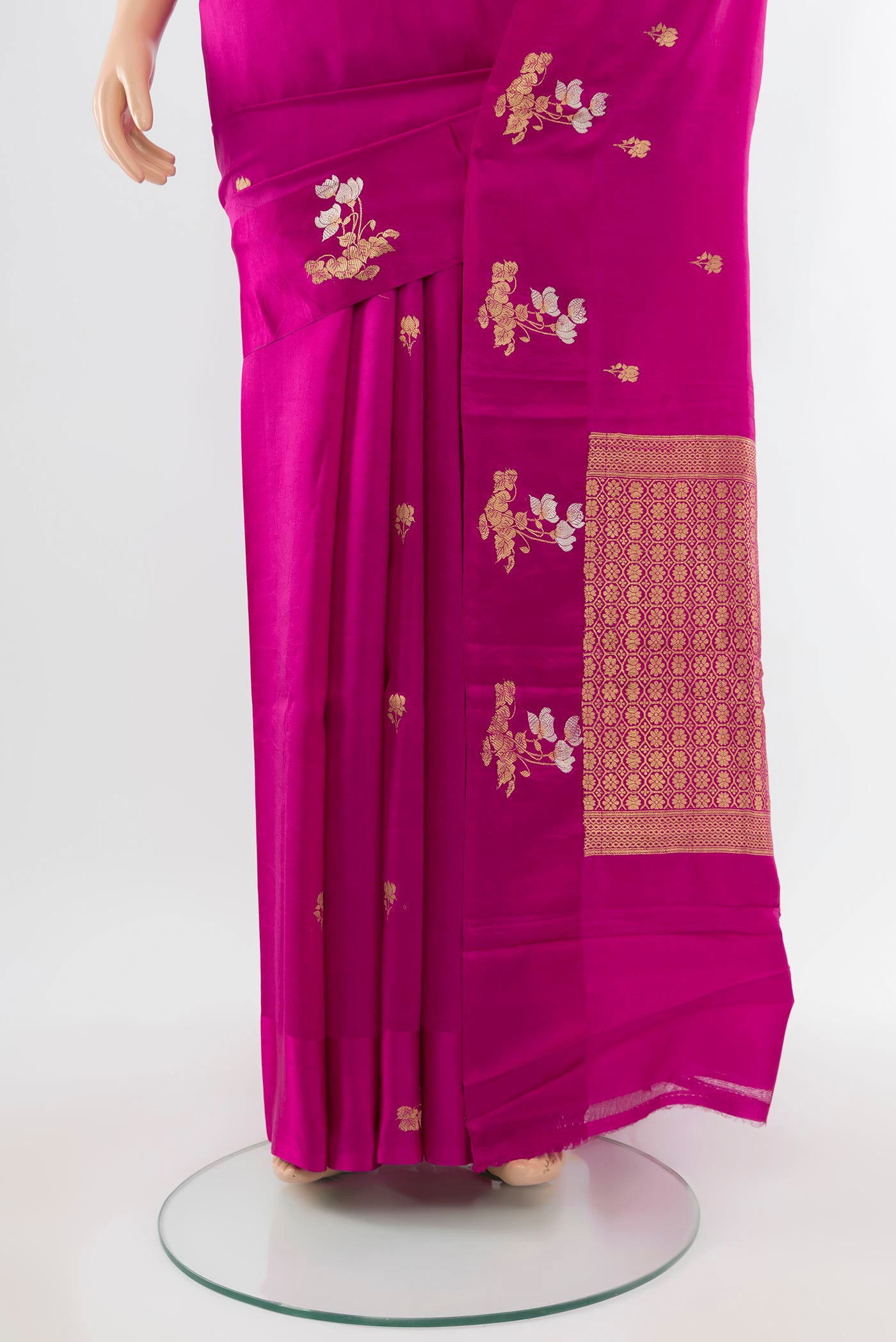 Pleats and pallu of Purple Banarasi Katan Silk Saree with Zari Butta on the body and Silk Border. 