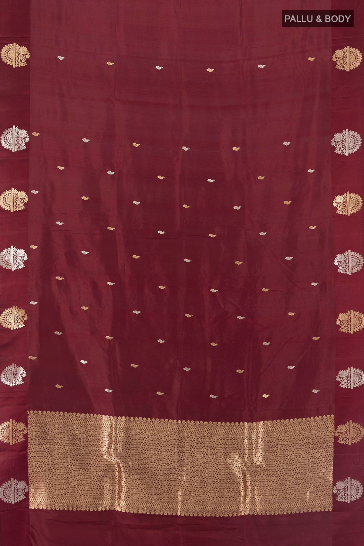 Flat view of Pure Silk Coffee Brown Banarasi Katan Saree with Zari Butta on the body and Fancy Border. 