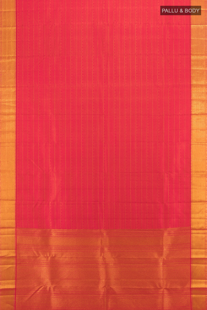 Flat view of Peach Kanchipuram Silk Saree with Zari Butta on the body and Silk Border. 