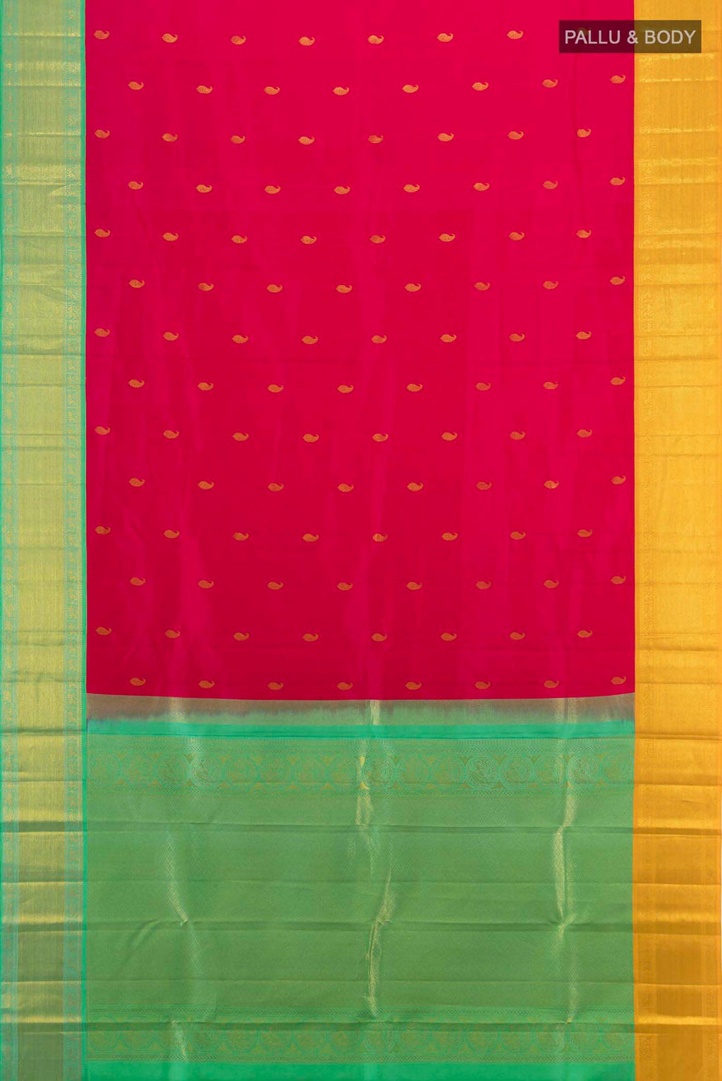Flat view of Imperial Pink Kanchipuram Silk Saree with Zari Butta on the body and Silk Border. 
