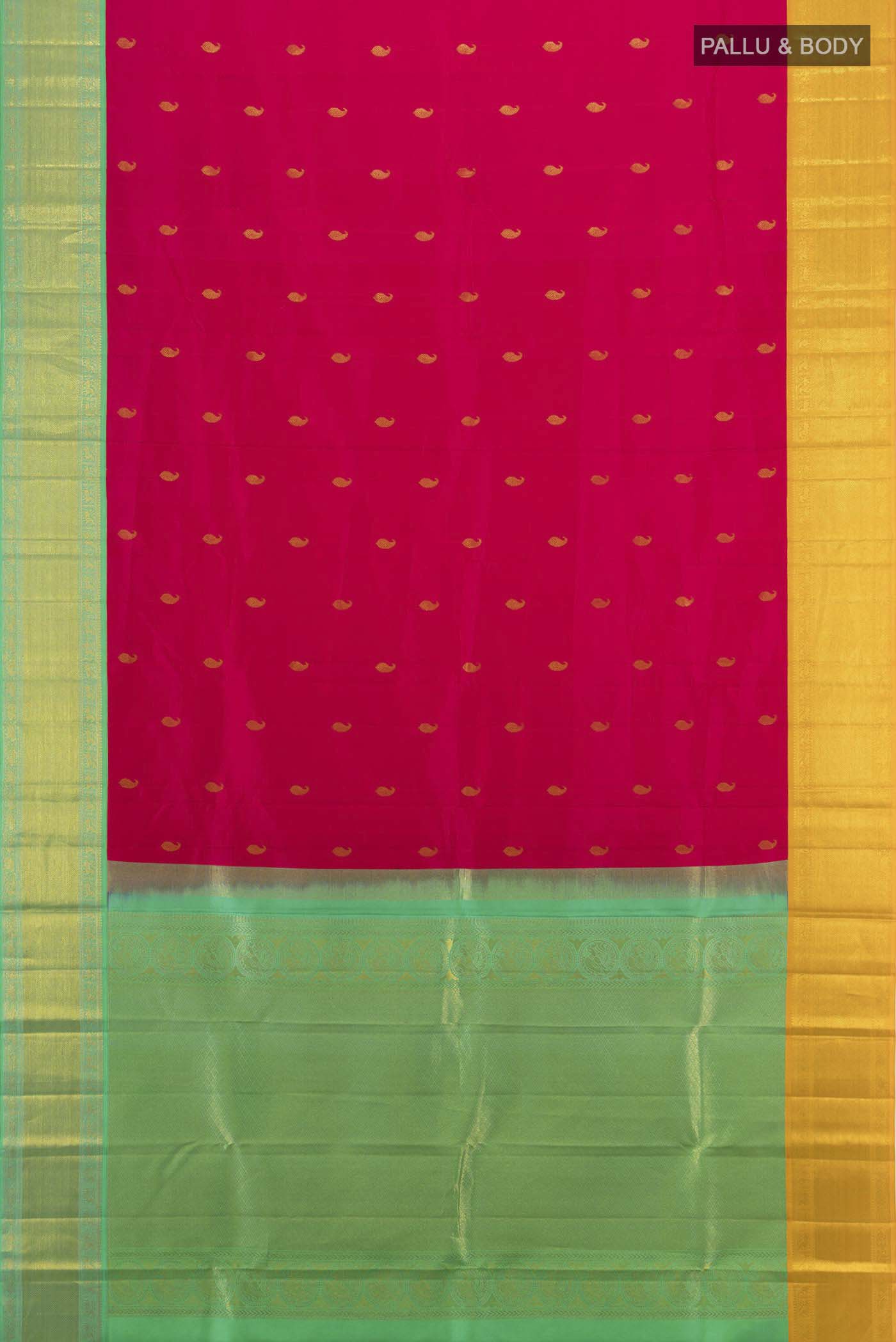 Flat view of Imperial Pink Kanchipuram Silk Saree with Zari Butta on the body and Silk Border. 