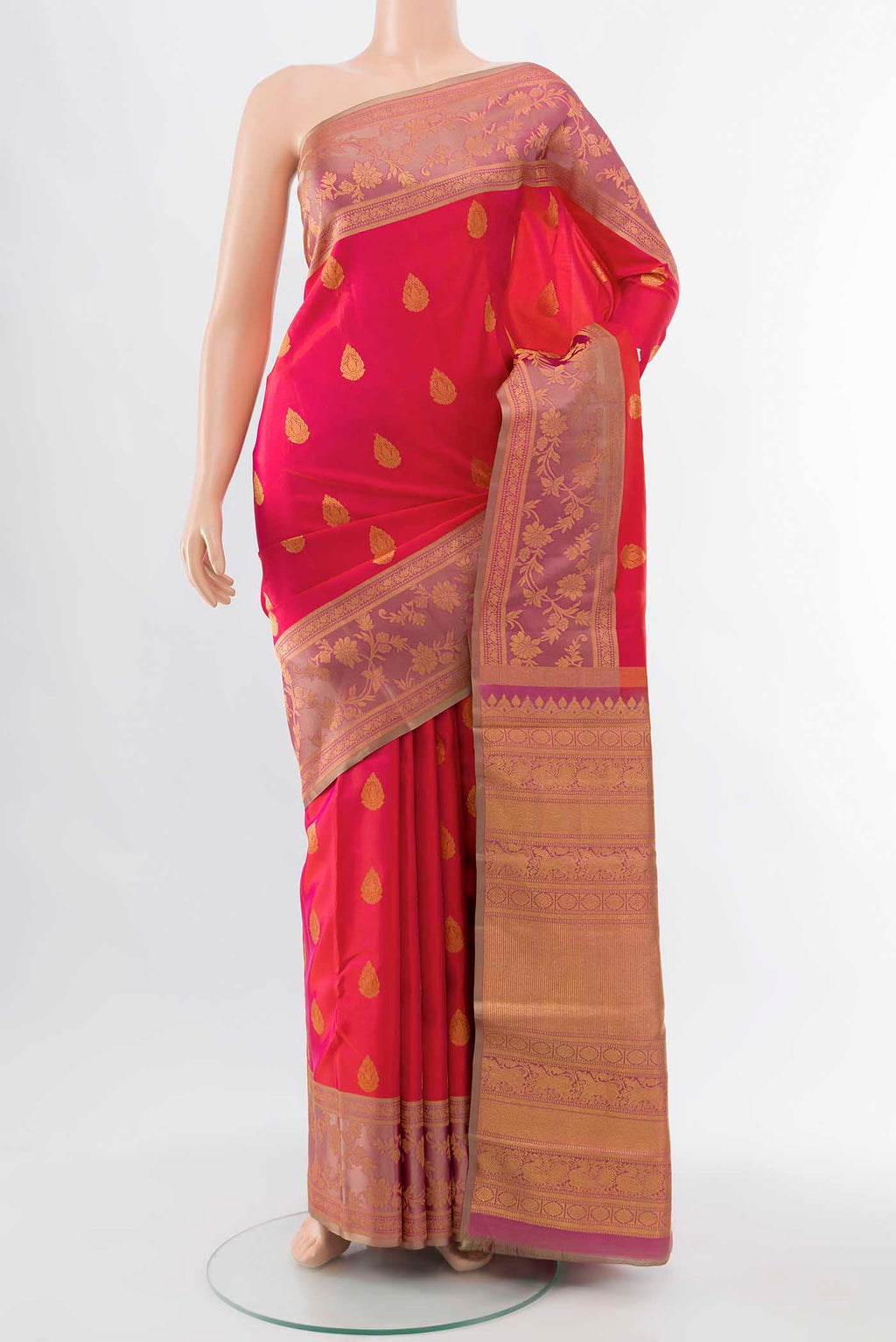 Imperial Pink Kanchipuram Silk Saree with Zari Butta on the body and Silk Border displayed on a mannequin