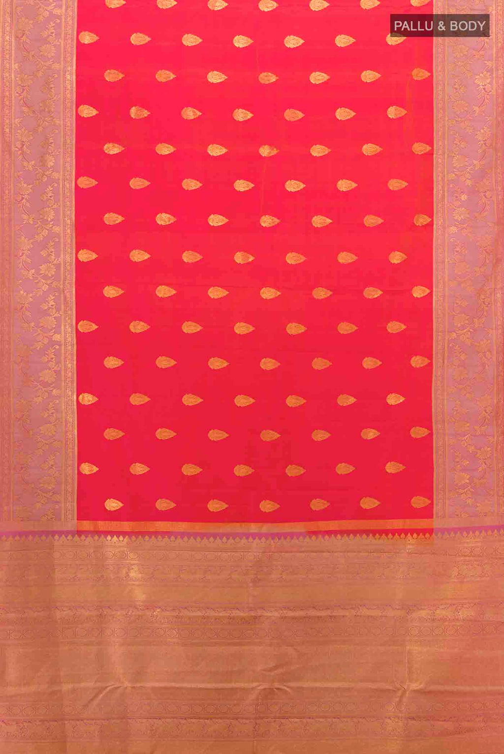 Flat view of Imperial Pink Kanchipuram Silk Saree with Zari Butta on the body and Silk Border