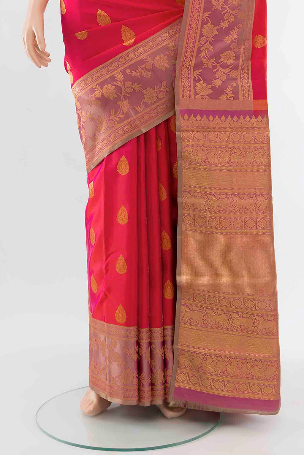 Pleats and pallu of Imperial Pink Kanchipuram Silk Saree with Zari Butta on the body and Silk Border