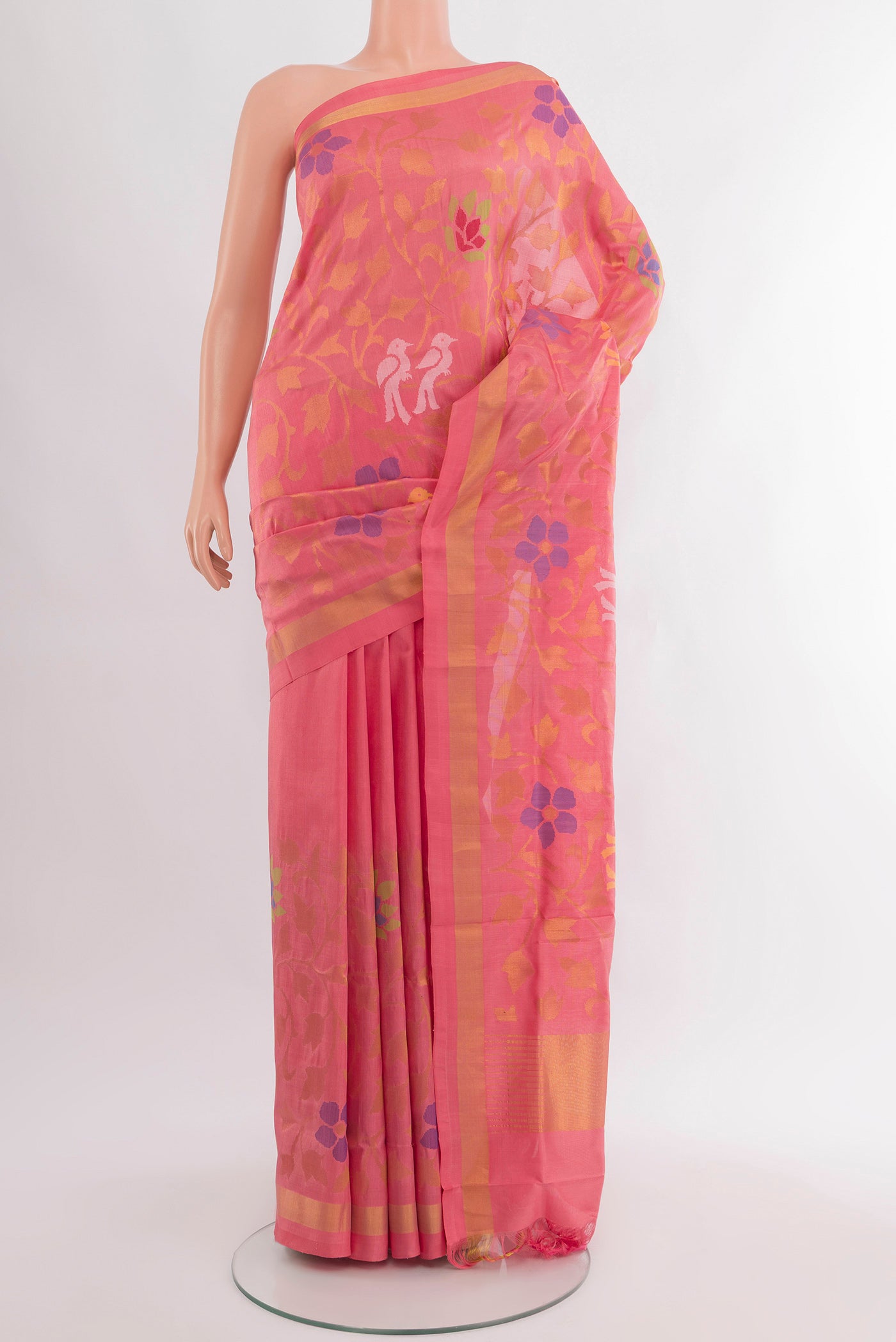 Pure Silk Pure Zari Rose pink Uppada Saree with Zari Butta on the body and Silk Border.  displayed on a mannequin
