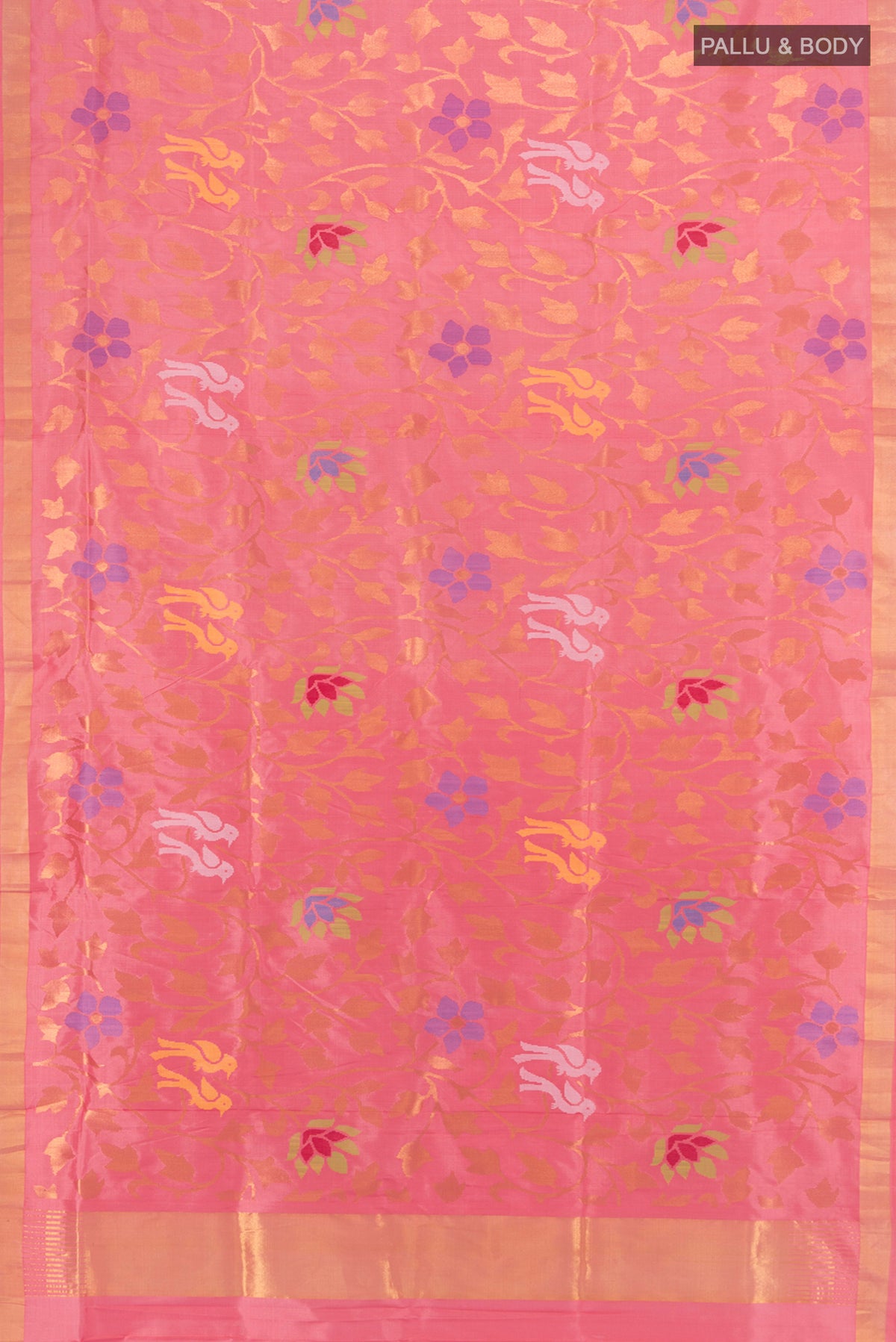 Flat view of Pure Silk Pure Zari Rose pink Uppada Saree with Zari Butta on the body and Silk Border. 