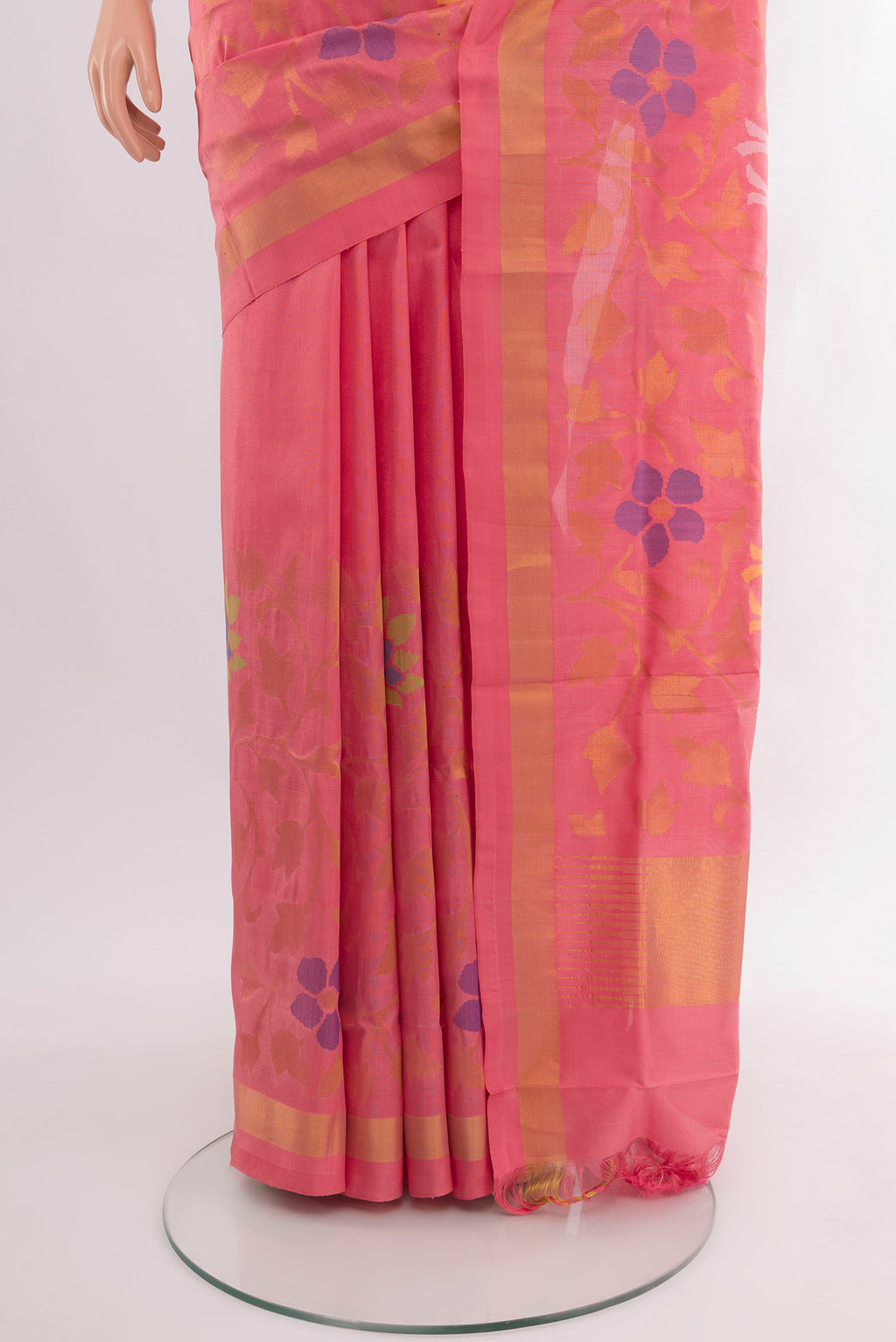 Pleats and pallu of Pure Silk Pure Zari Rose pink Uppada Saree with Zari Butta on the body and Silk Border. 