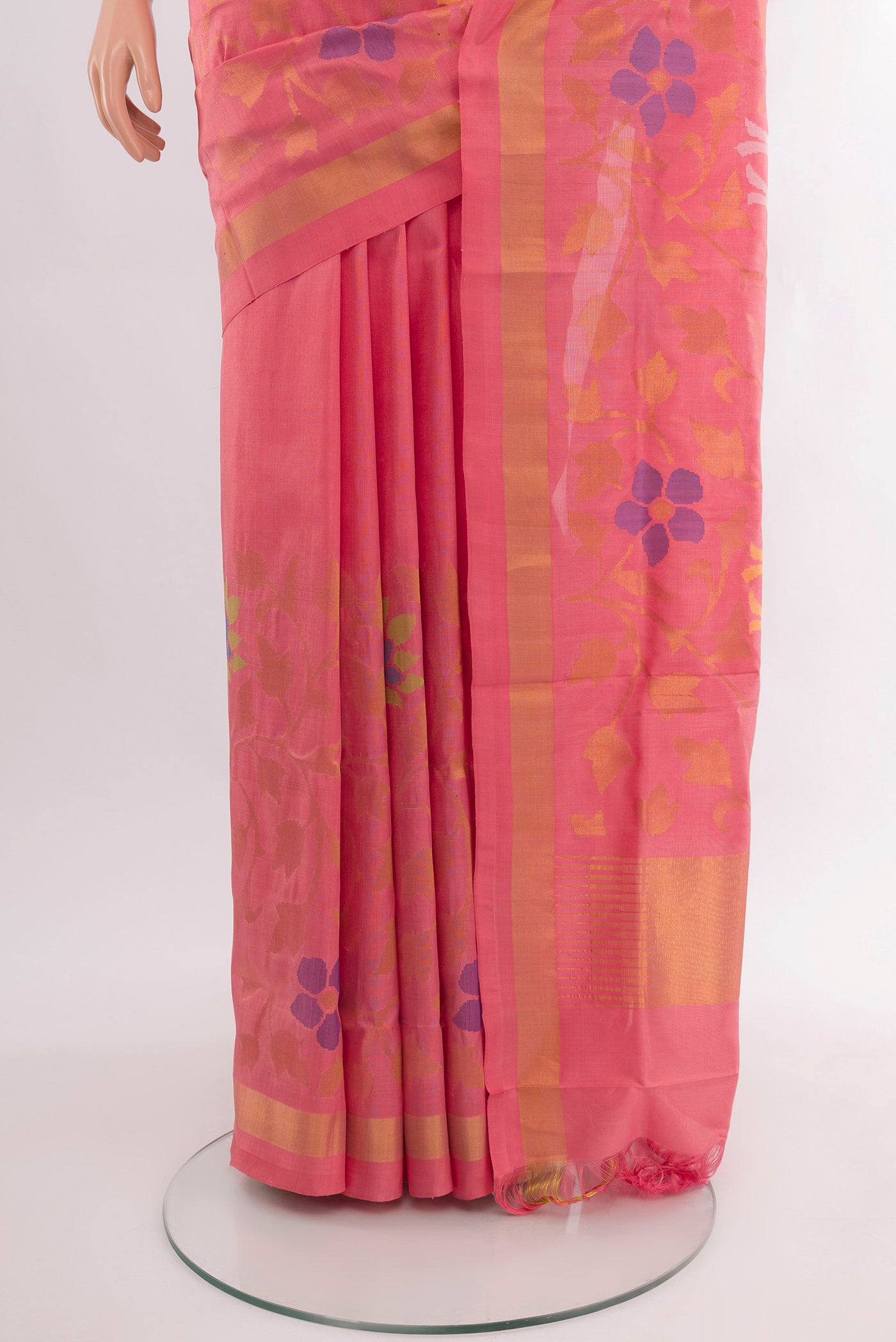 Pleats and pallu of Pure Silk Pure Zari Rose pink Uppada Saree with Zari Butta on the body and Silk Border. 