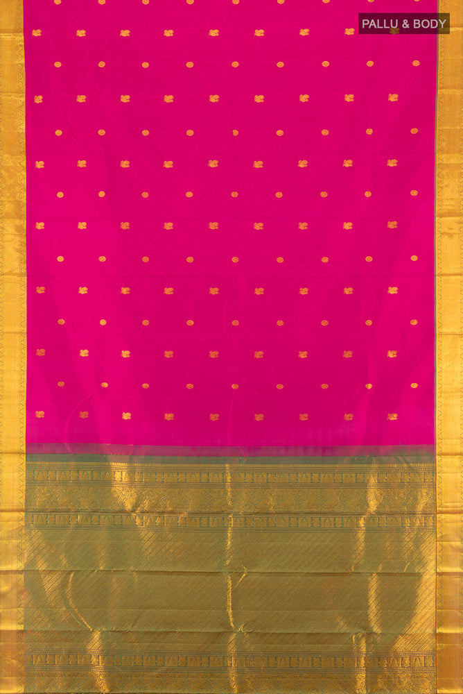 Flat view of Dark Pink Kanchipuram Silk Saree with Zari Butta on the body and Silk Border. 