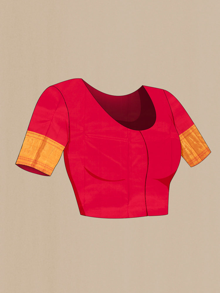 Close up image of the blouse of Red Kanjivaram Silk Saree with Zari Butta on the body and Silk Border. 