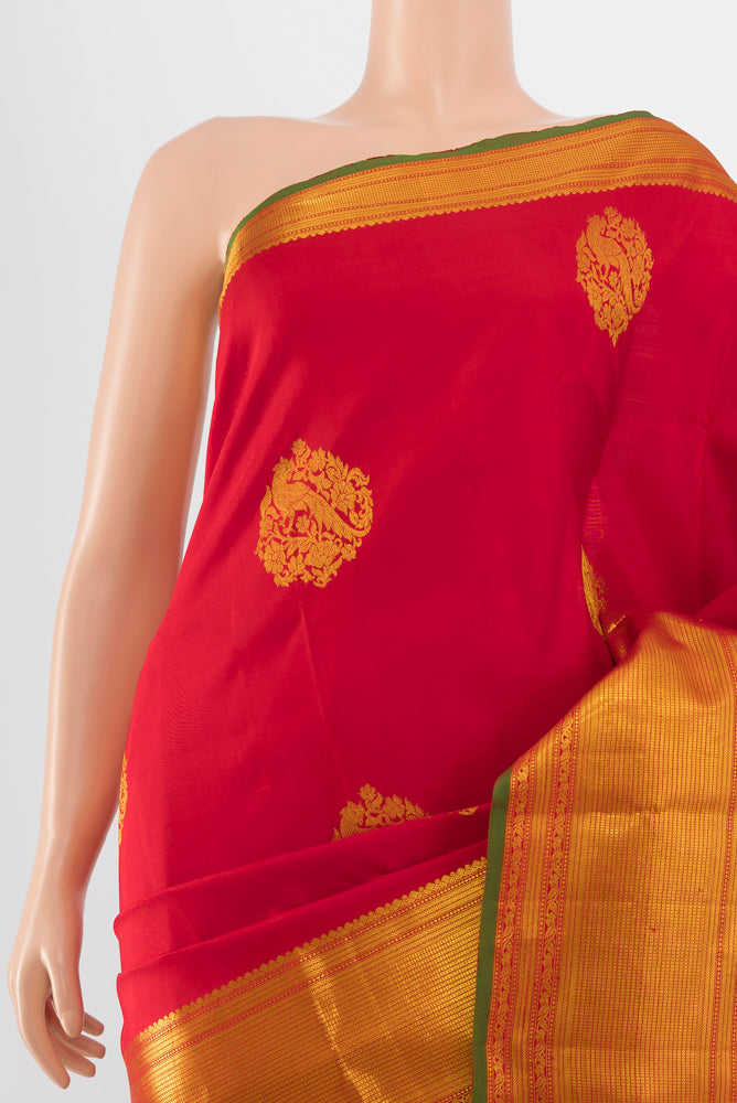 Border image of Red Kanjivaram Silk Saree with Zari Butta on the body and Silk Border. 