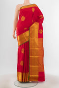Red Kanjivaram Silk Saree with Zari Butta on the body and Silk Border.  displayed on a mannequin