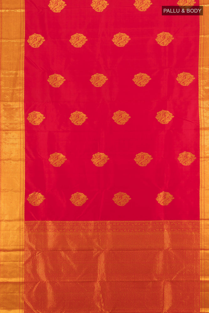 Flat view of Red Kanjivaram Silk Saree with Zari Butta on the body and Silk Border. 