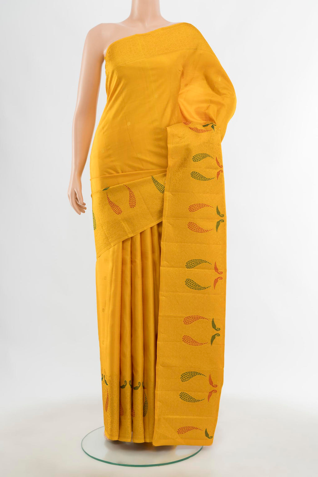 Yellow Kanchipuram Silk Saree with Zari Butta on the body and Silk Border displayed on a mannequin