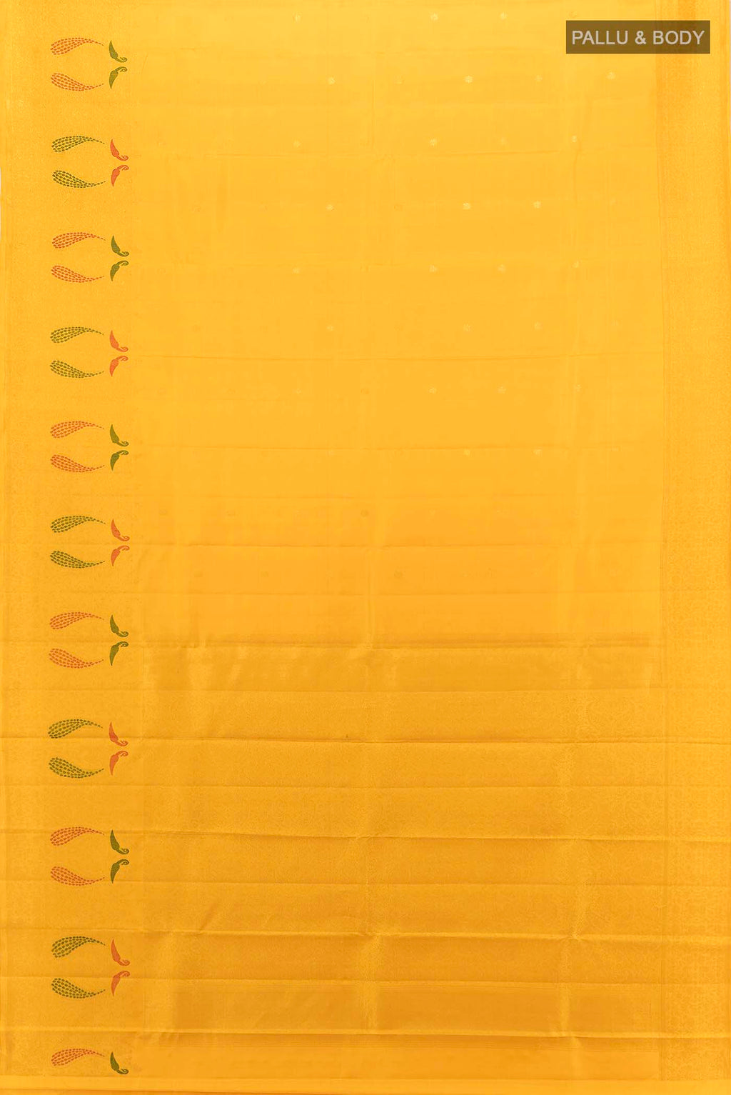 Flat view of Yellow Kanchipuram Silk Saree with Zari Butta on the body and Silk Border