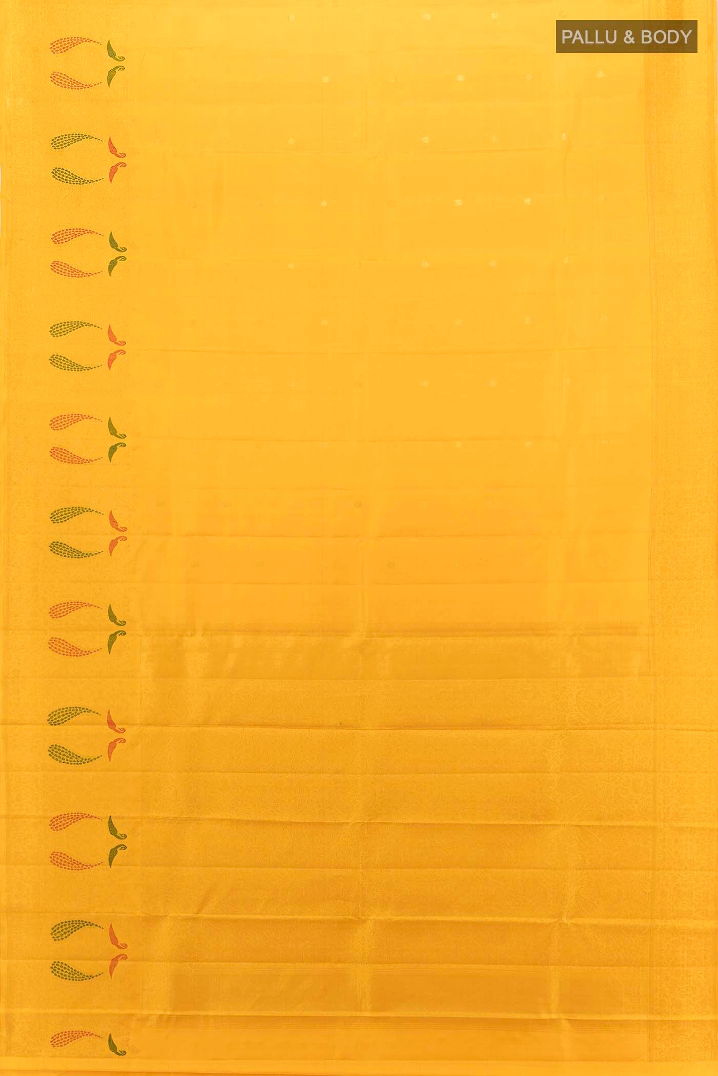 Flat view of Yellow Kanchipuram Silk Saree with Zari Butta on the body and Silk Border