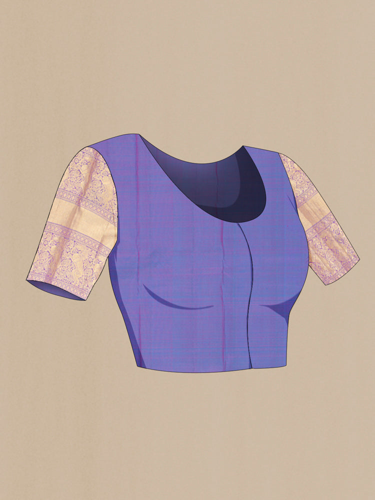 Close up image of the blouse of Pure Silk Pure Zari Magenta Kanjivaram Saree with Zari Butta on the body and Silk Border. 