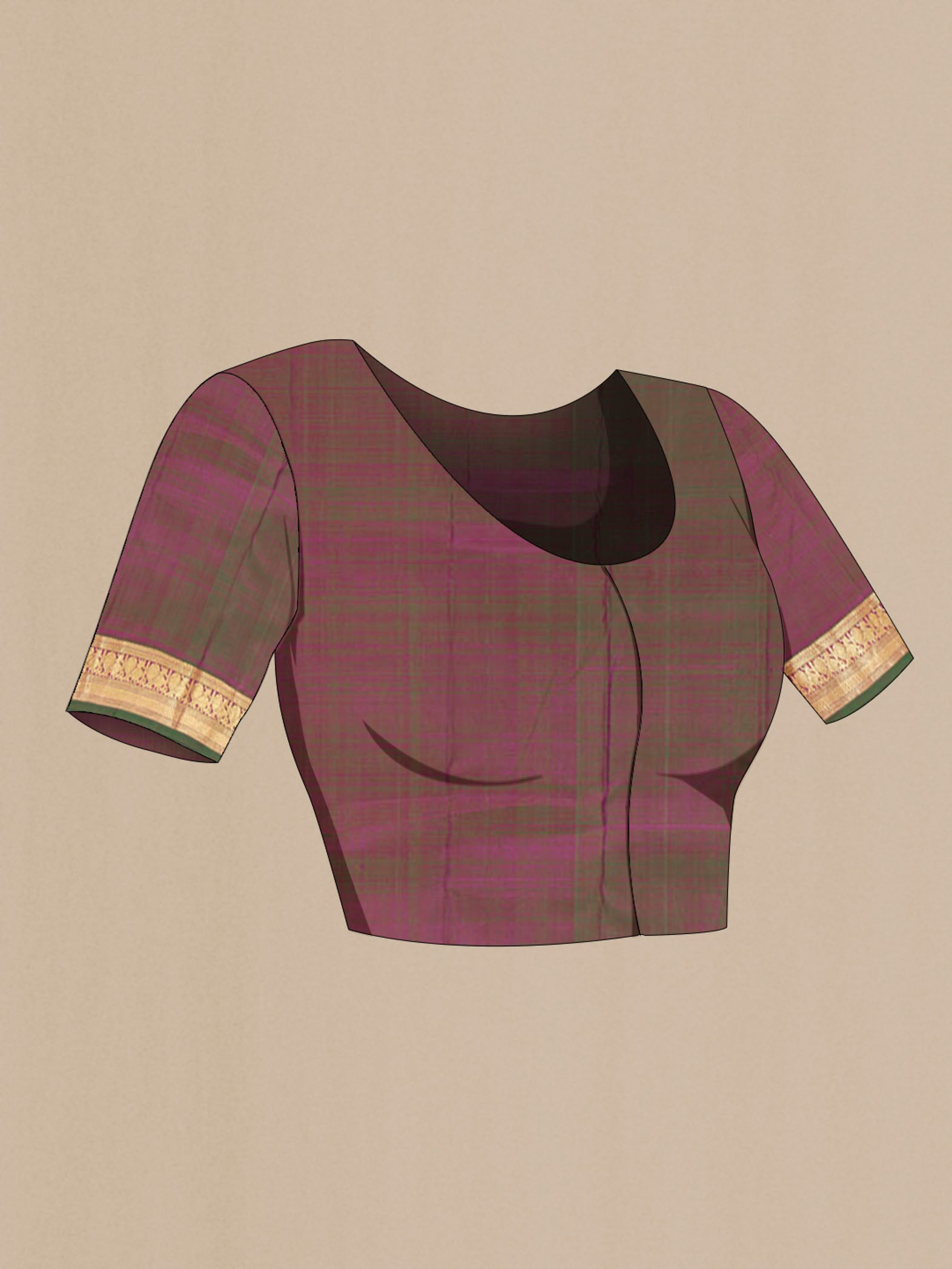 Close up image of the blouse of Magenta Kanchipuram Silk Saree with Zari Butta on the body and Silk Border. 