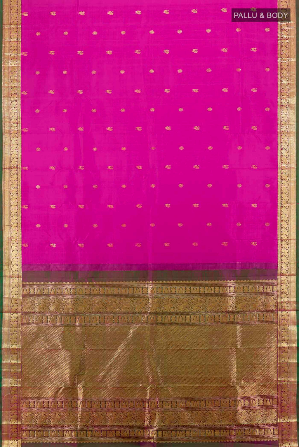 Flat view of Magenta Kanchipuram Silk Saree with Zari Butta on the body and Silk Border. 