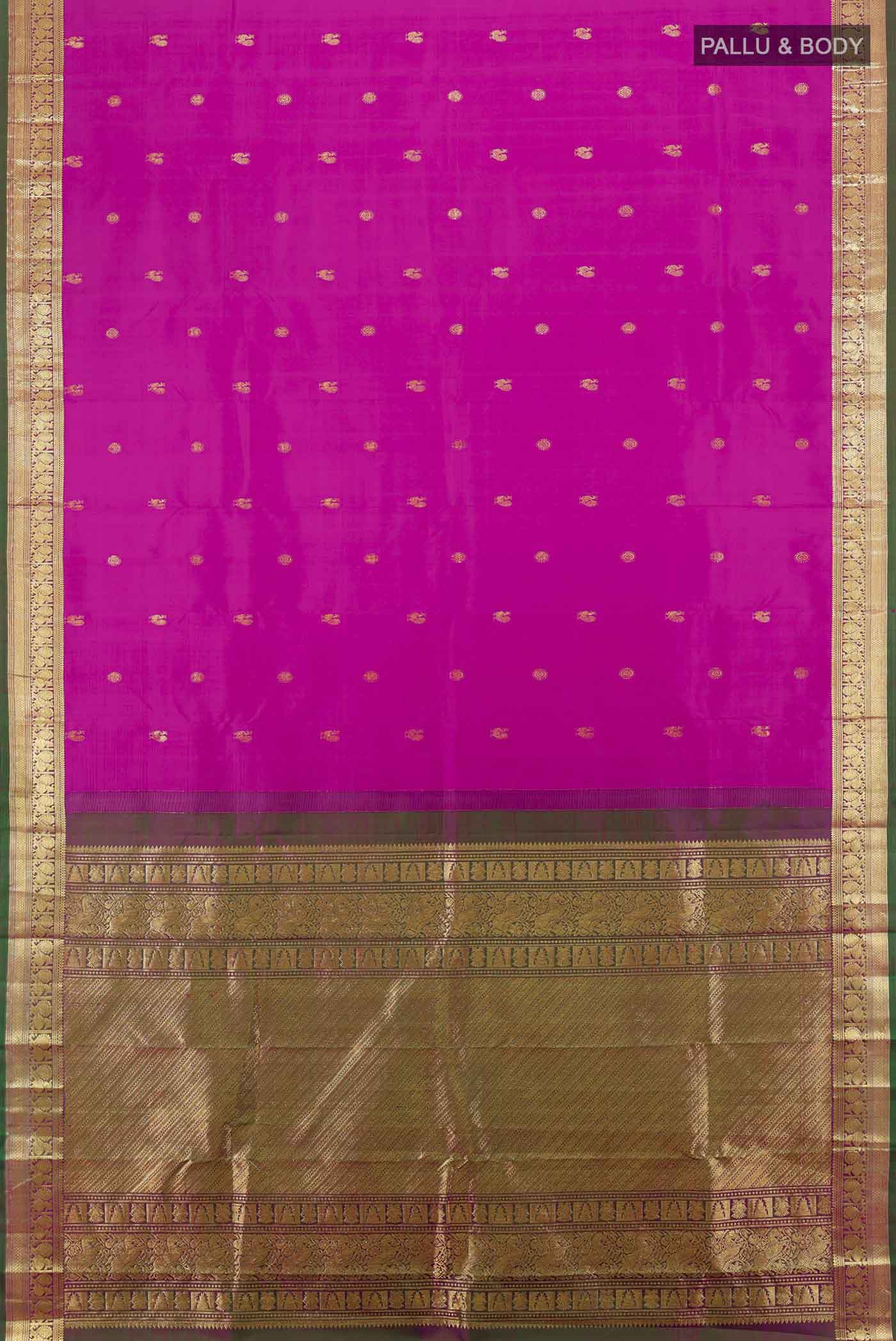 Flat view of Magenta Kanchipuram Silk Saree with Zari Butta on the body and Silk Border. 