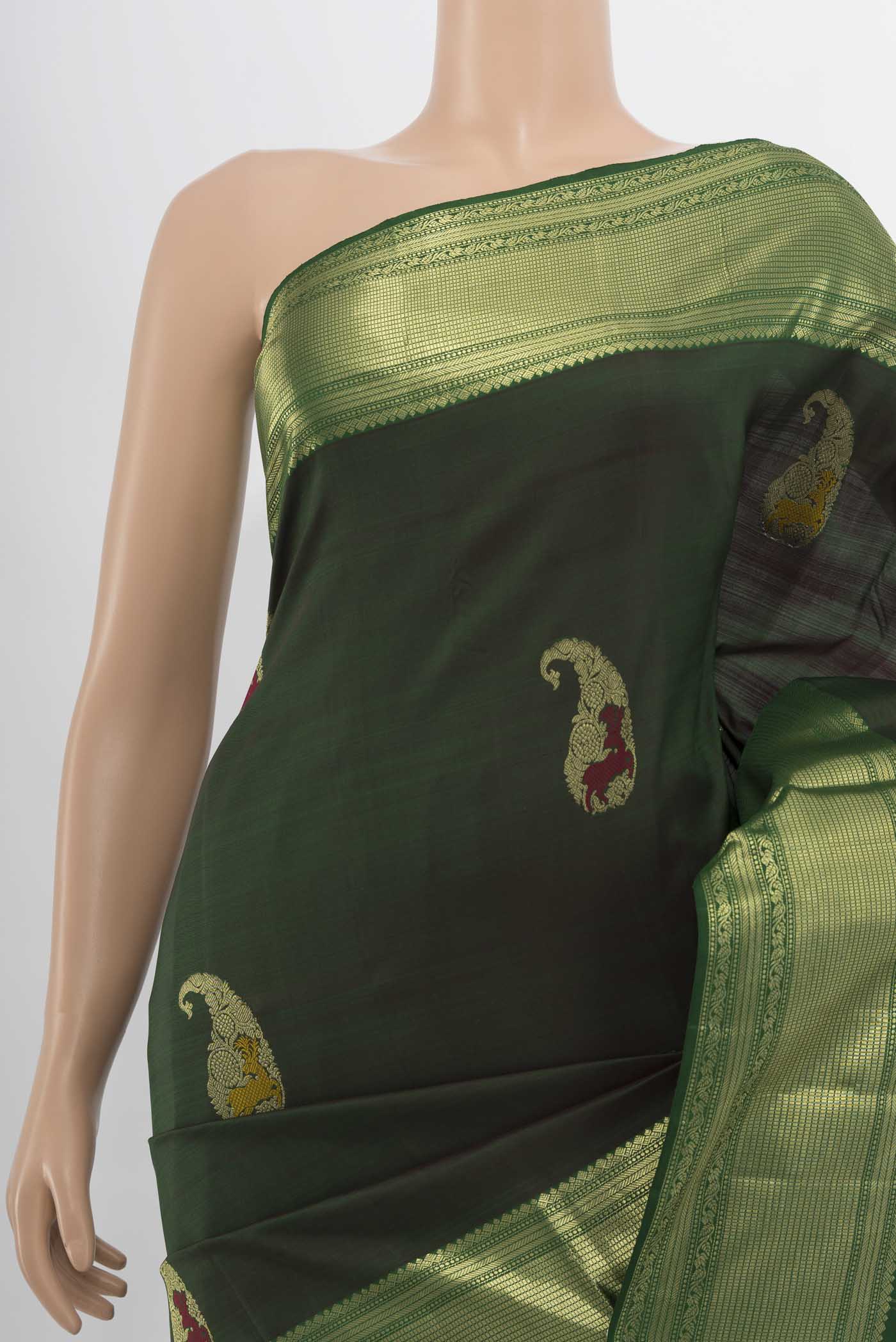 Border image of Bottle Green Kanjivaram Silk Saree with Zari Butta on the body and Silk Border. 