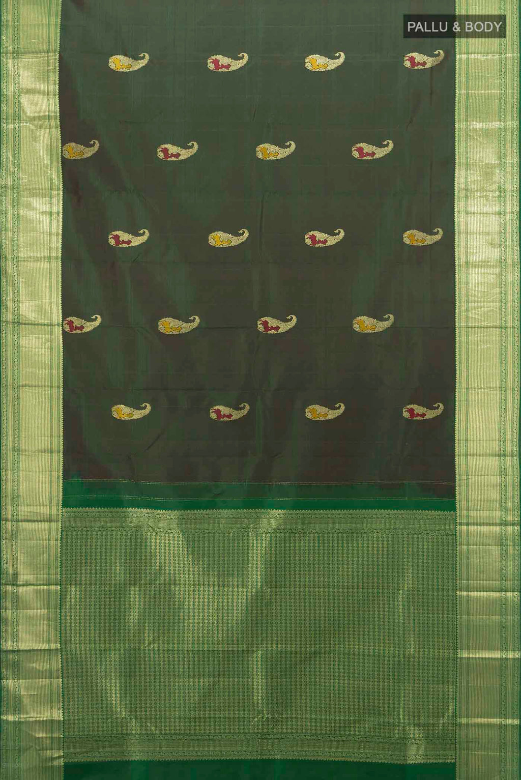 Flat view of Bottle Green Kanjivaram Silk Saree with Zari Butta on the body and Silk Border. 