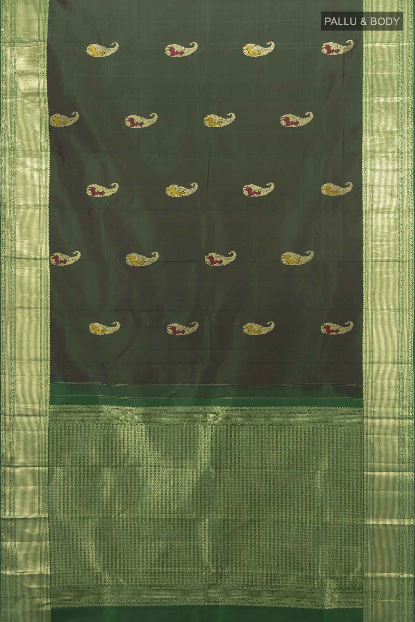 Flat view of Bottle Green Kanjivaram Silk Saree with Zari Butta on the body and Silk Border. 