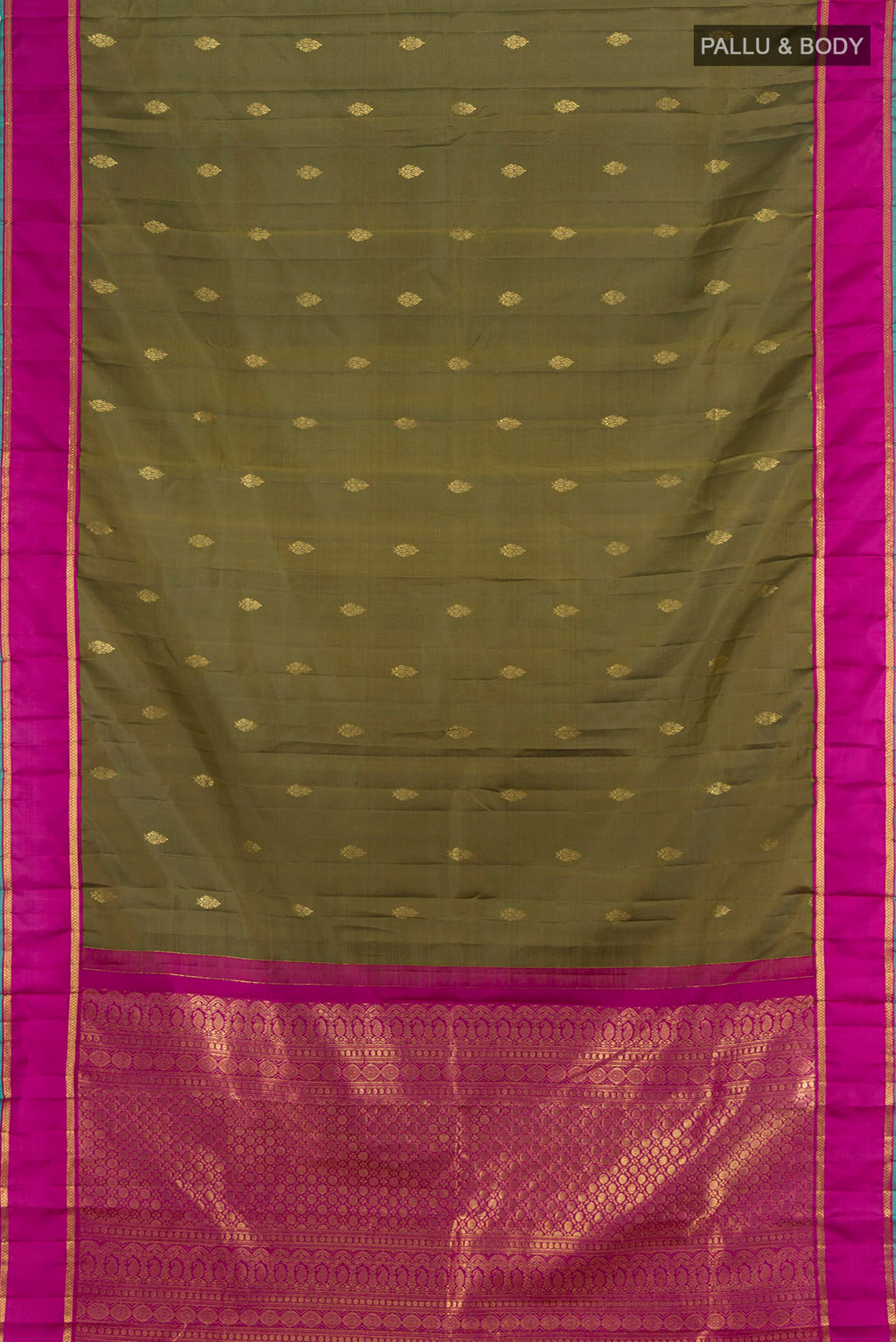 Flat view of Mehandi Green Kanjivaram Silk Saree with Zari Butta on the body and Plain Border. 