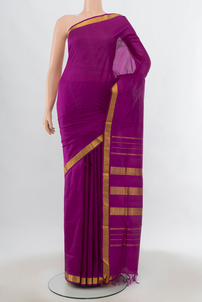 Purple Kanjivaram Silk Nine Yards Saree with Zari Butta on the body and Silk Border.  displayed on a mannequin