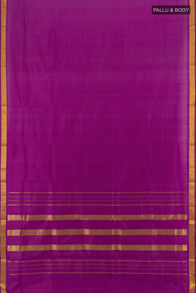 Flat view of Purple Kanjivaram Silk Nine Yards Saree with Zari Butta on the body and Silk Border. 