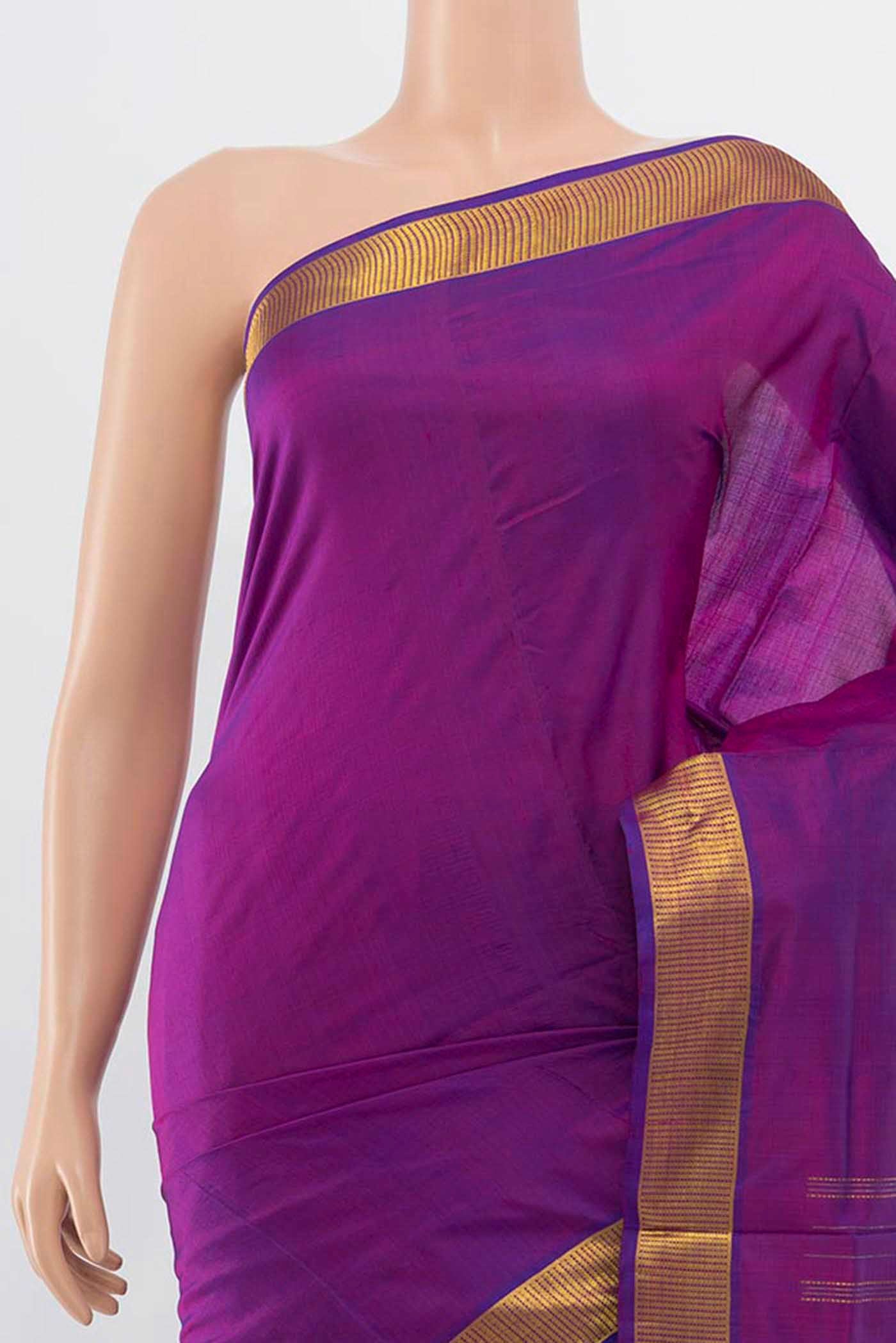 Border image of Purple Kanchipuram Silk Nine Yards Saree with Plain Body and Silk Border