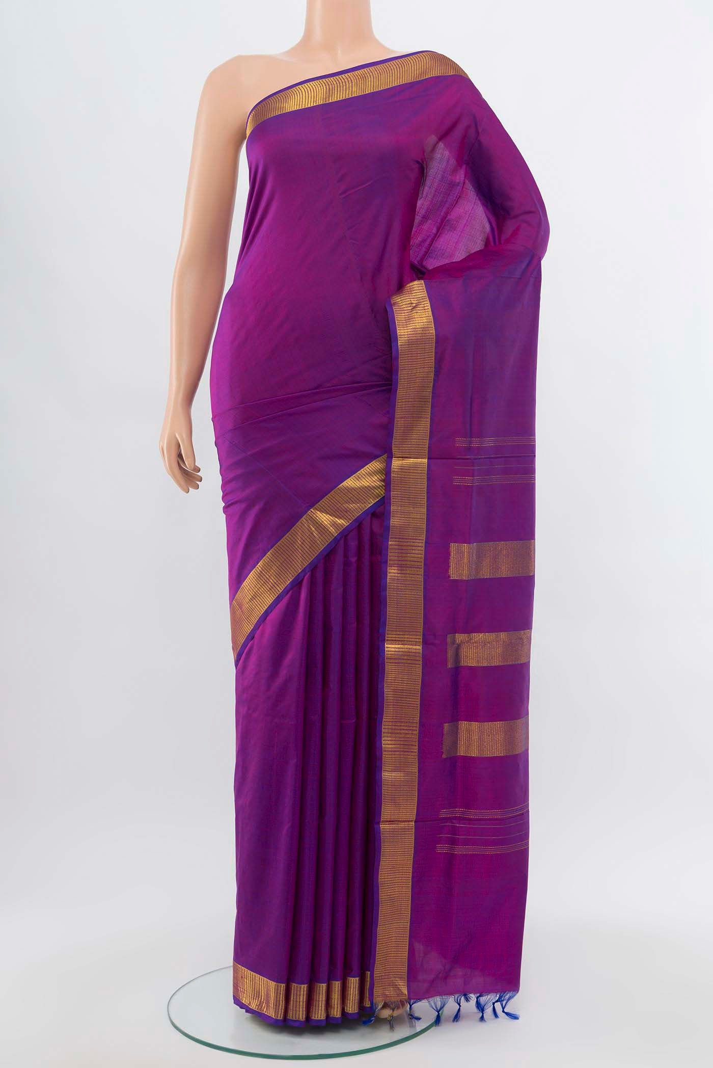 Purple Kanchipuram Silk Nine Yards Saree with Plain Body and Silk Border displayed on a mannequin