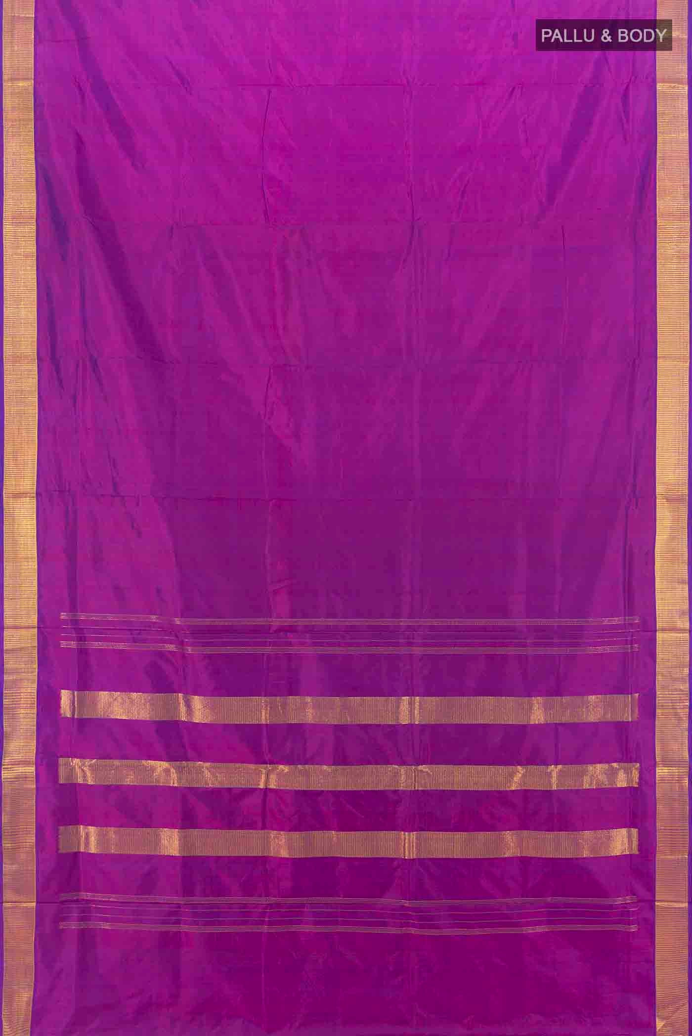 Flat view of Purple Kanchipuram Silk Nine Yards Saree with Plain Body and Silk Border