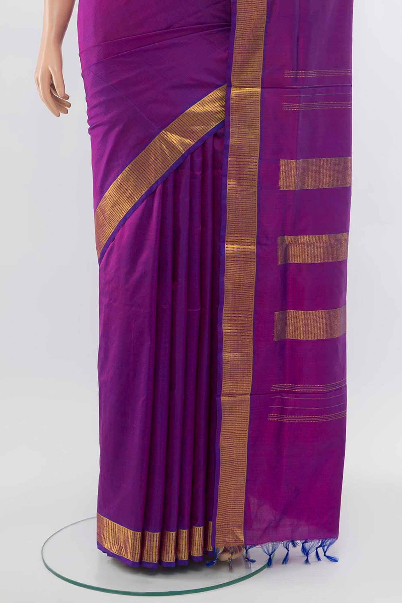 Pleats and pallu of Purple Kanchipuram Silk Nine Yards Saree with Plain Body and Silk Border