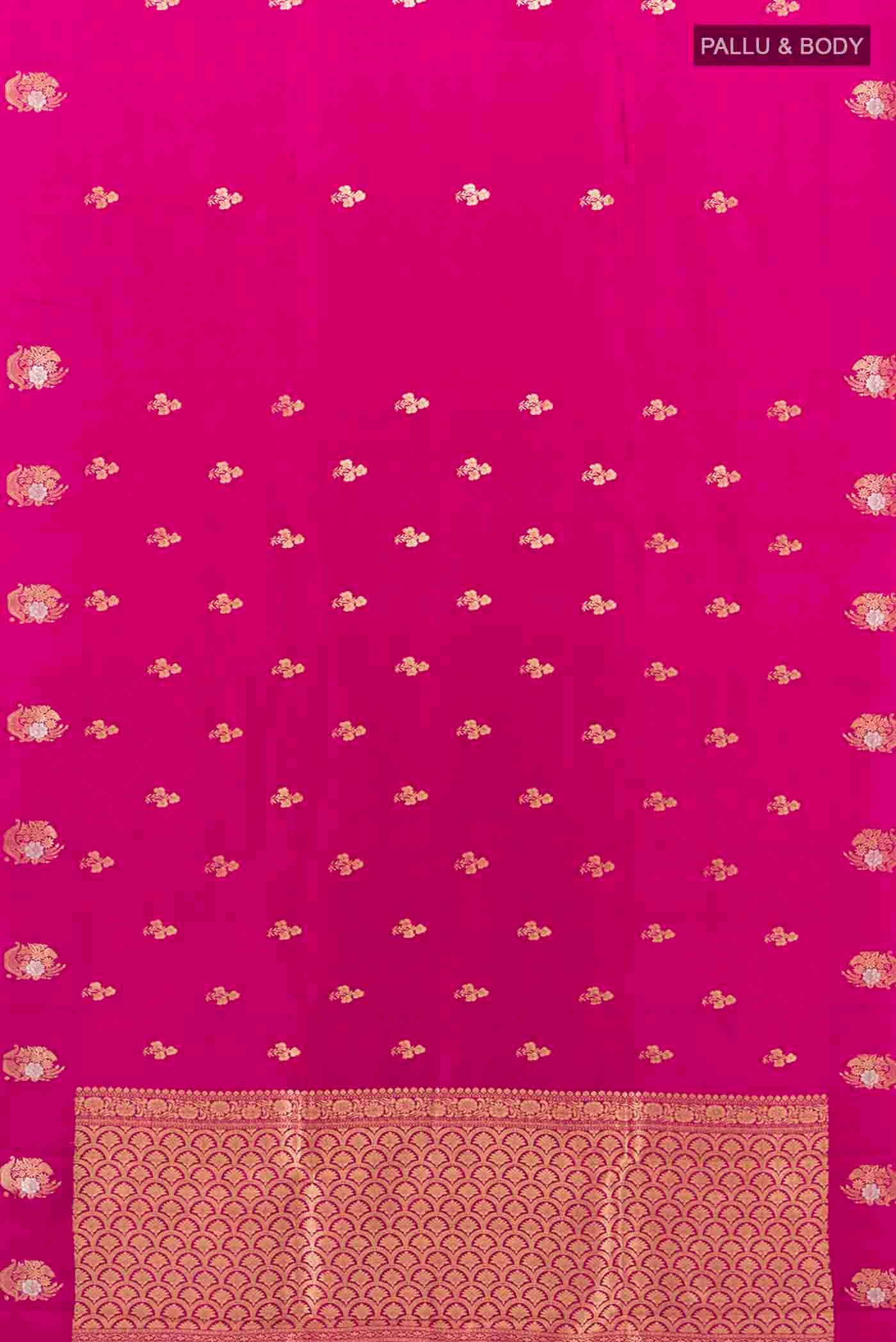 Flat view of Magenta Banarasi Katan Silk Saree with Zari Butta on the body and Without Border