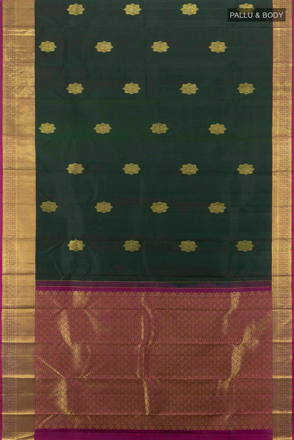 Flat view of Green Kanchipuram Silk Saree with Zari Butta on the body and Silk Border. 