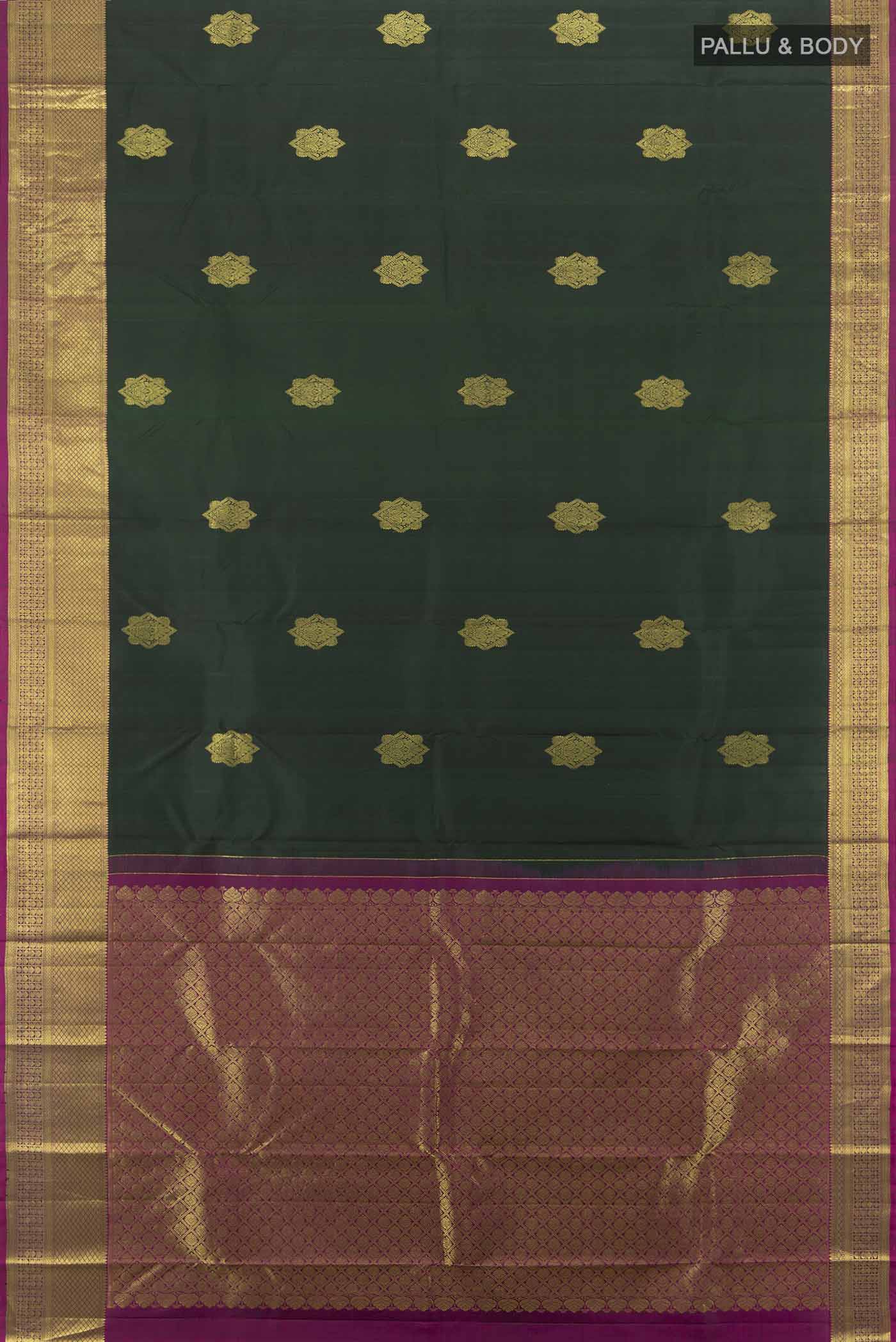 Flat view of Green Kanchipuram Silk Saree with Zari Butta on the body and Silk Border. 