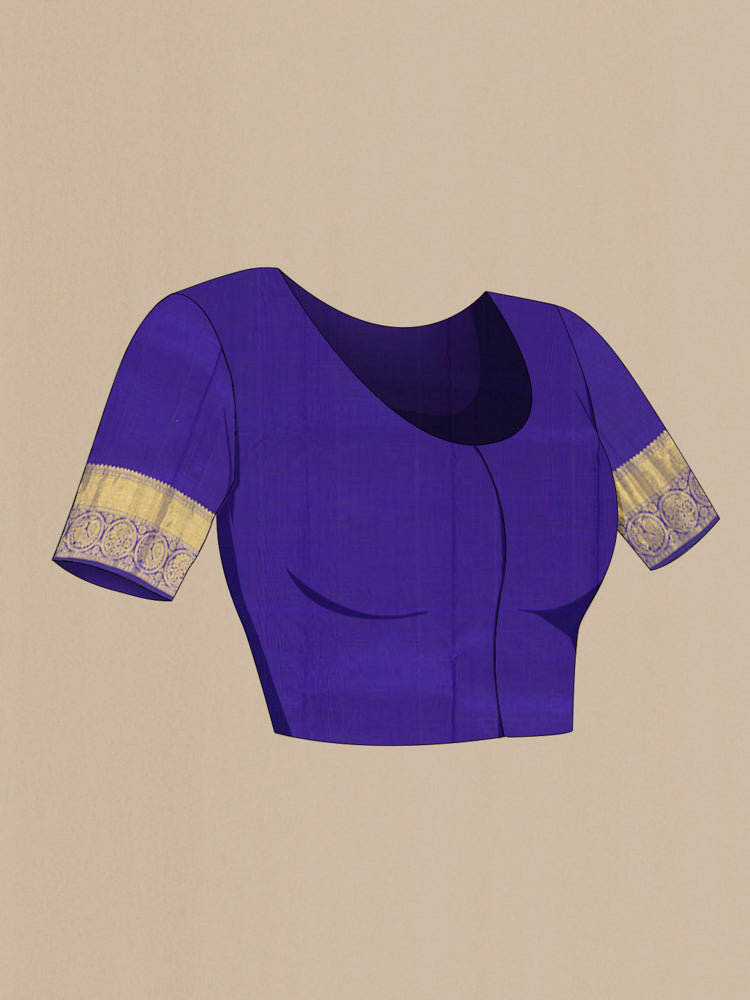 Close up image of the blouse of Pure Silk Pure Zari Purple Kanchipuram Saree with Zari Butta on the body and Silk Border. 
