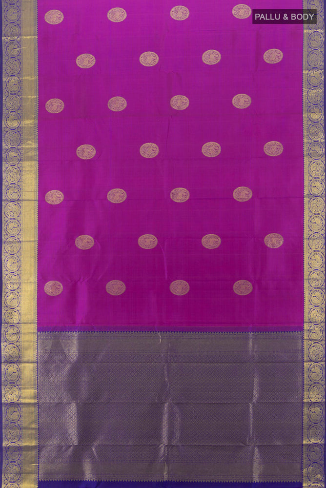Flat view of Pure Silk Pure Zari Purple Kanchipuram Saree with Zari Butta on the body and Silk Border. 