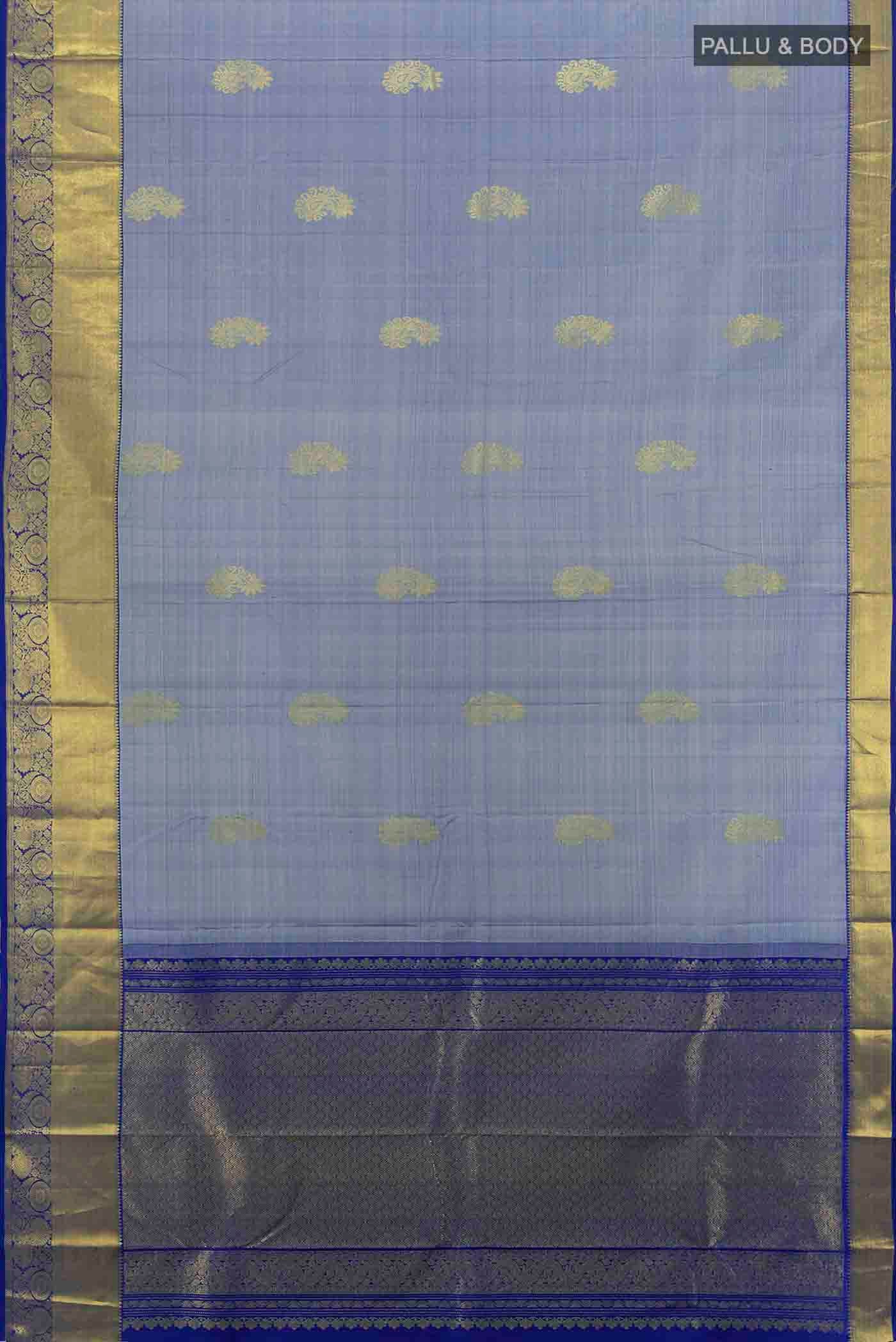 Flat view of Light Blue Kanchipuram Silk Saree with Zari Brocade on the body and Silk Border