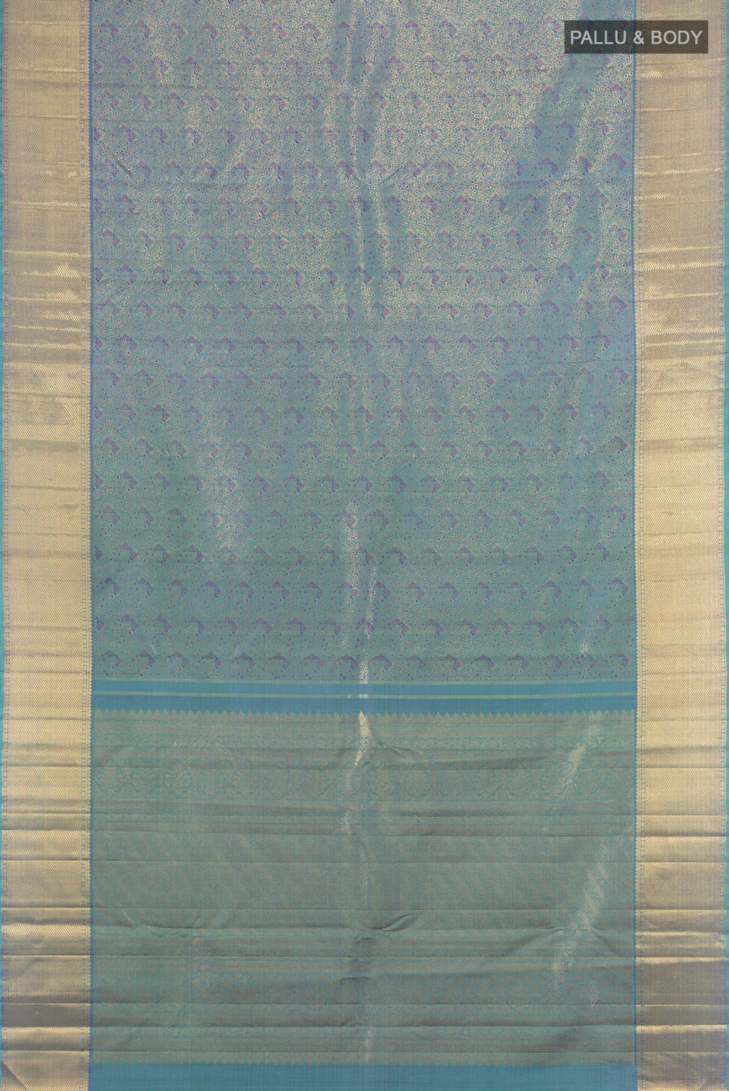 Flat view of Pure Silk Pure Zari Light Blue Kanjivaram Saree with Zari Brocade on the body and Zari Border. 