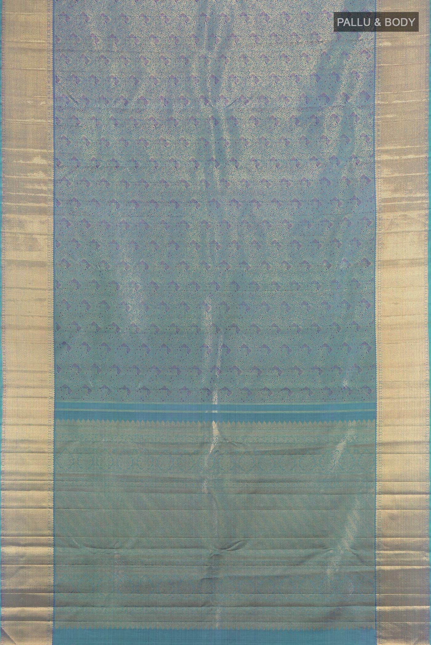 Flat view of Pure Silk Pure Zari Light Blue Kanjivaram Saree with Zari Brocade on the body and Zari Border. 
