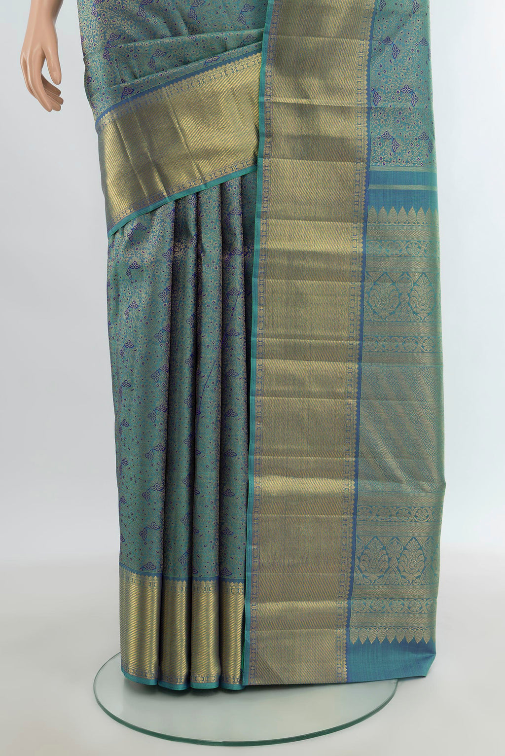 Pleats and pallu of Pure Silk Pure Zari Light Blue Kanjivaram Saree with Zari Brocade on the body and Zari Border. 