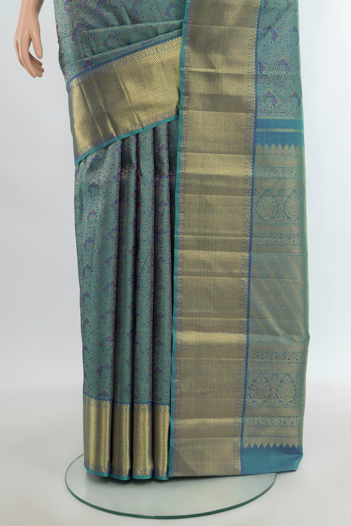 Pleats and pallu of Pure Silk Pure Zari Light Blue Kanjivaram Saree with Zari Brocade on the body and Zari Border. 