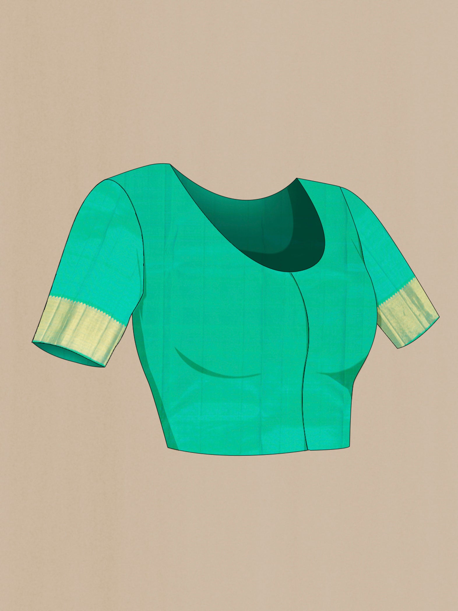 Close up image of the blouse of Pure Silk Pure Zari Sea Green Kanjivaram Saree with Zari Brocade on the body and Zari Border. 