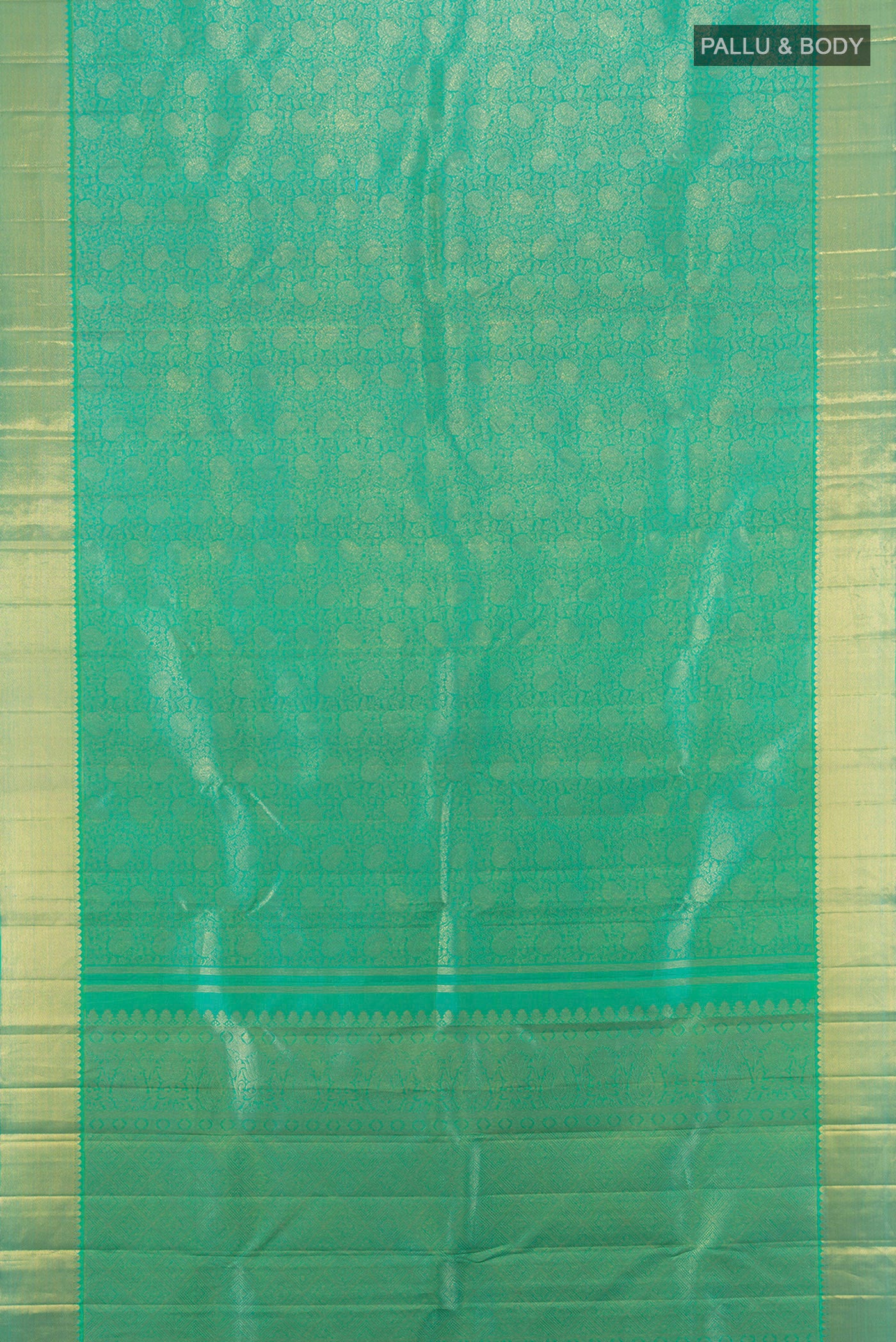 Flat view of Pure Silk Pure Zari Sea Green Kanjivaram Saree with Zari Brocade on the body and Zari Border. 