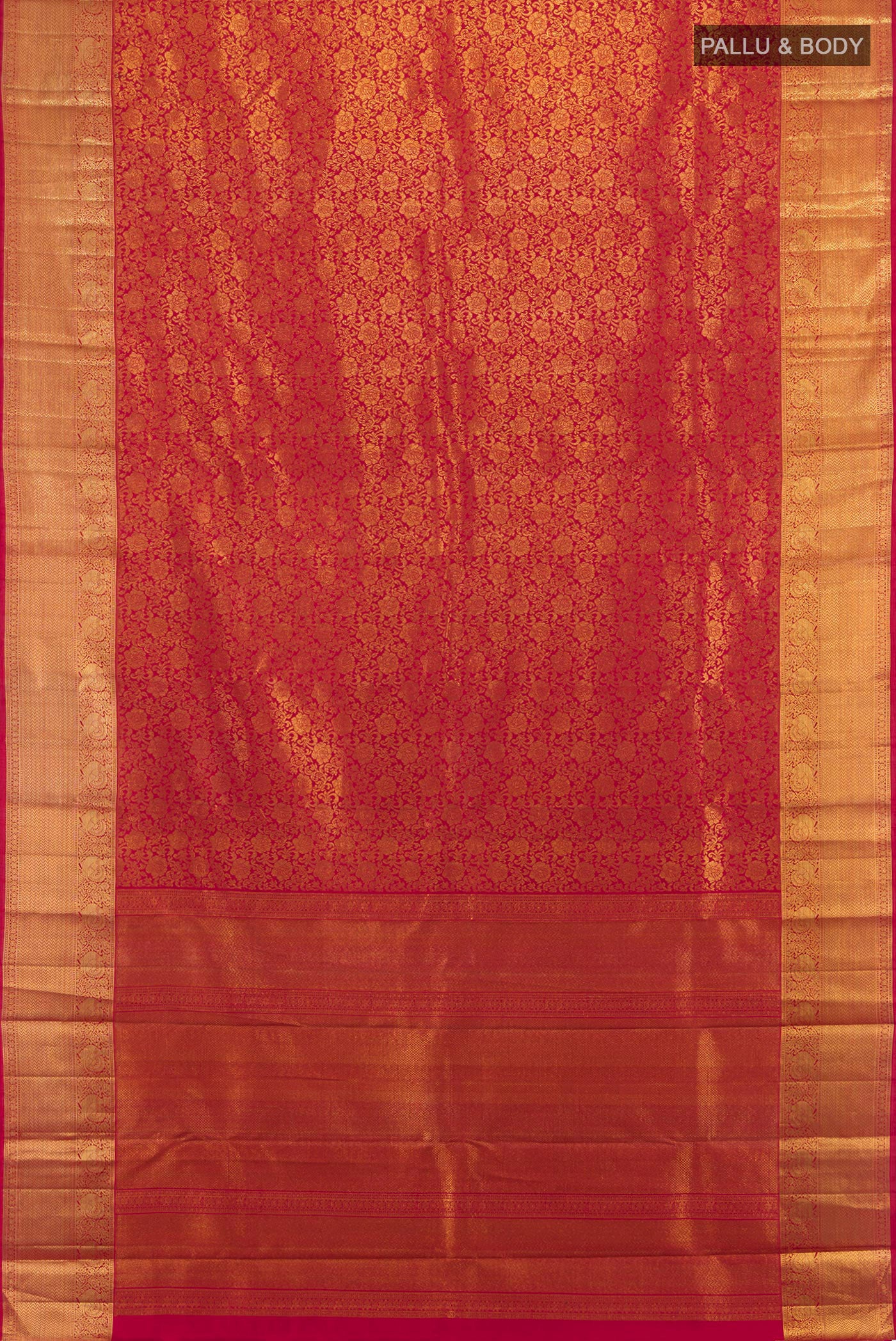 Flat view of Maroon Kanchipuram Silk Saree with Zari Brocade on the body and Zari Border. 