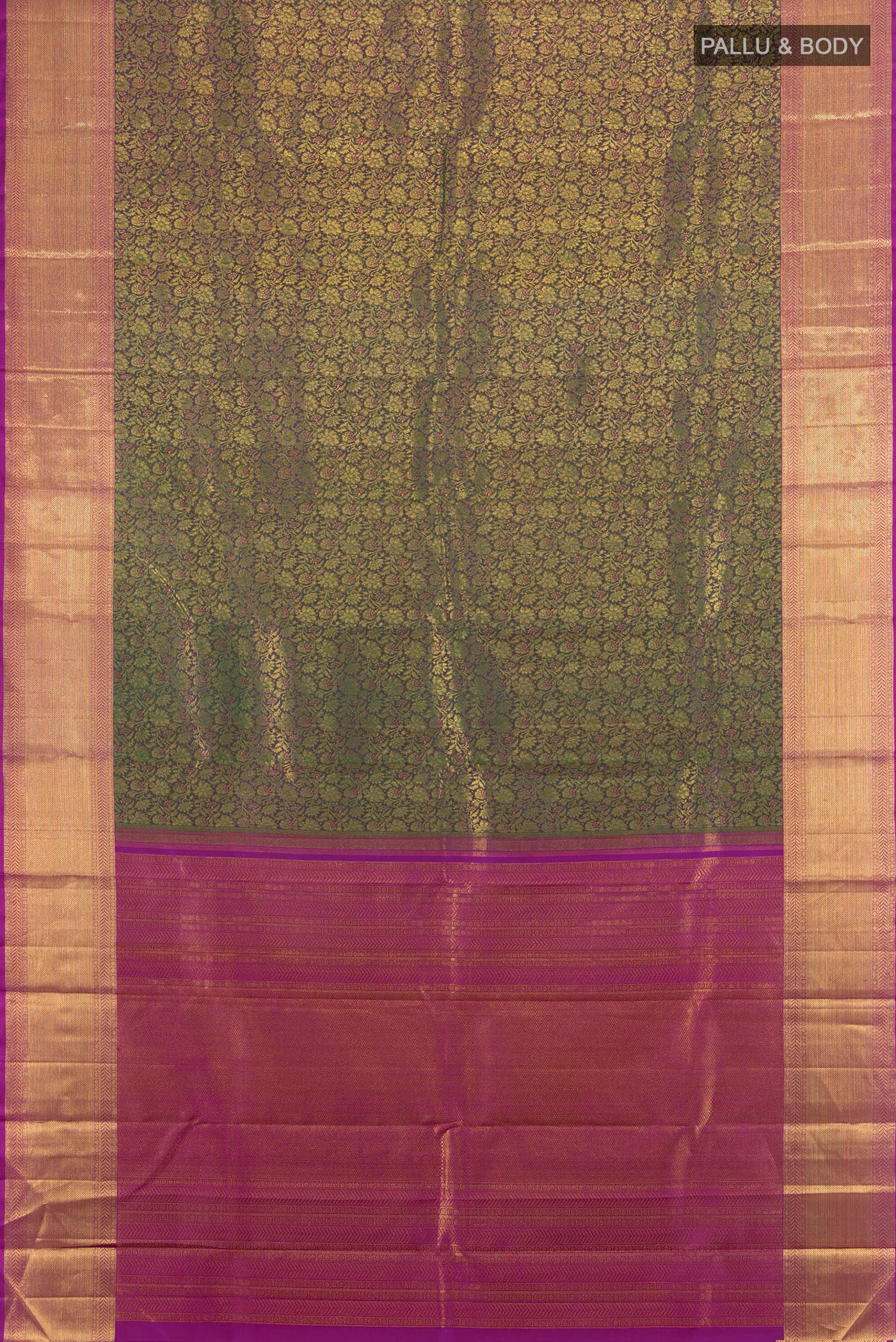 Flat view of Green with Purple Color Kanchipuram Silk Saree with Zari Brocade on the body and Zari Border. 