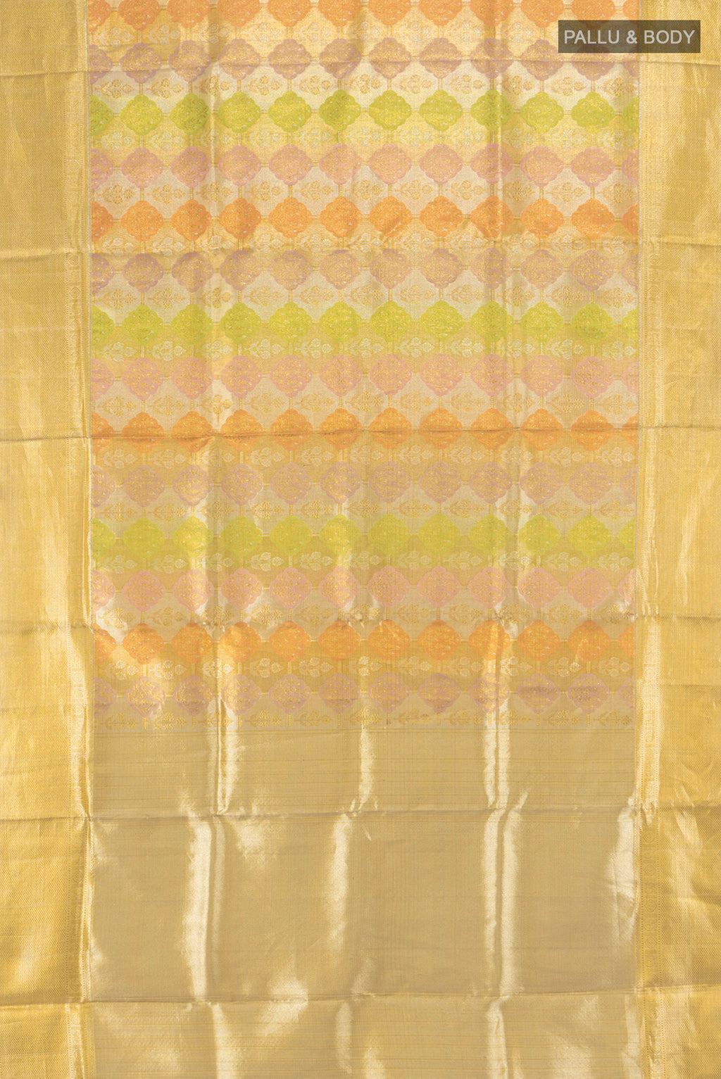 Flat view of Golden Kanjivaram Tissue Silk Saree with Zari Brocade on the body and Zari Border. 