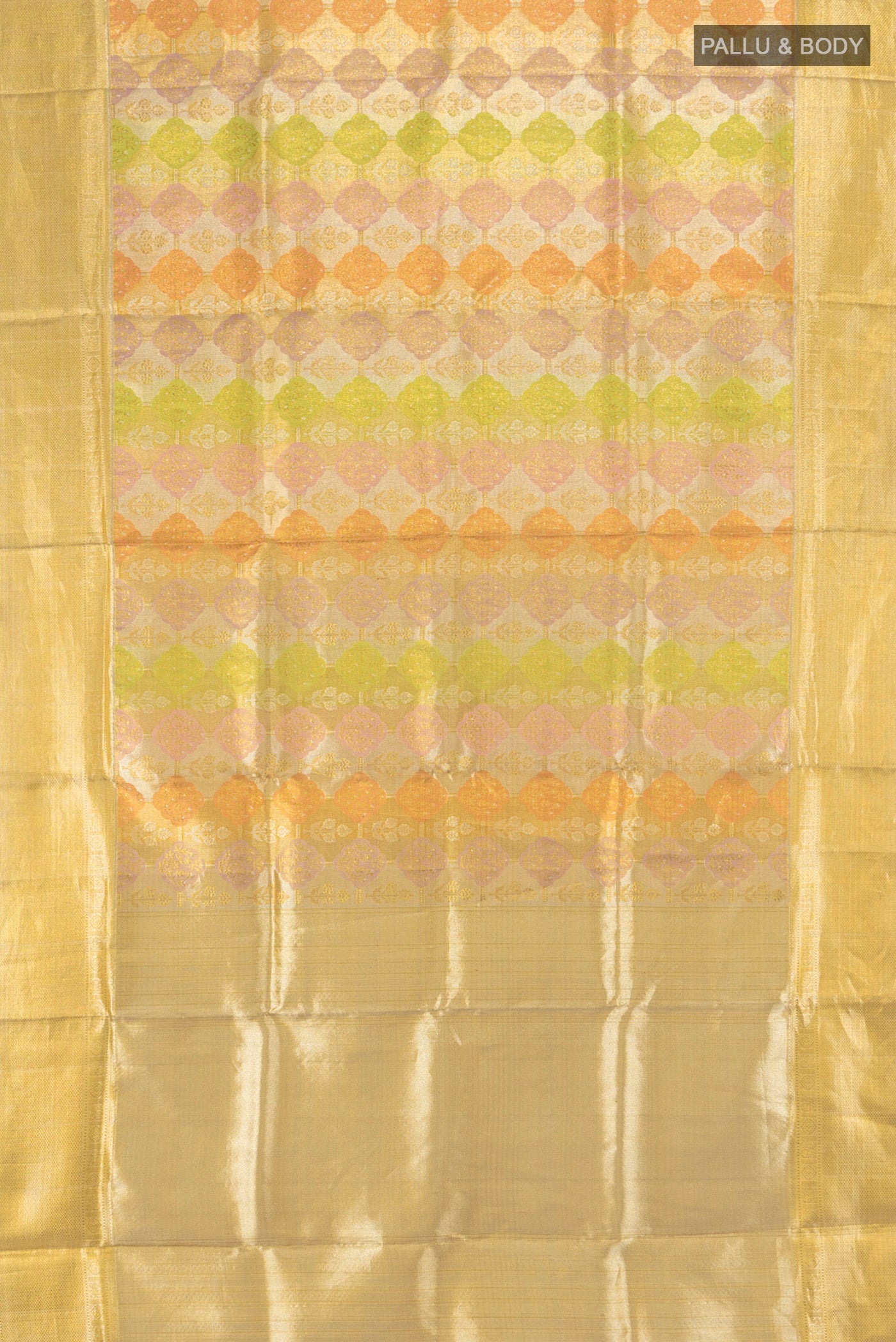 Flat view of Golden Kanjivaram Tissue Silk Saree with Zari Brocade on the body and Zari Border. 